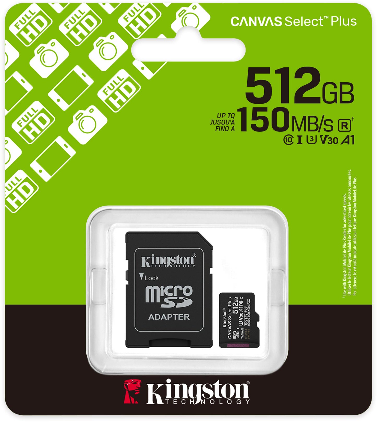 Kingston Canvas Select Plus Android A1 microSDXC-Speicherkarte, 512GB, Klasse 10 / UHS-1 U3, mit Adapter SDCS3/512GB