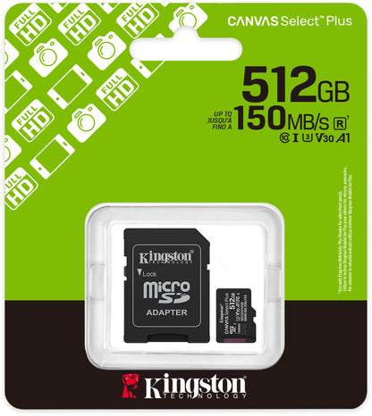 Kingston Canvas Select Plus Android A1 microSDXC-Speicherkarte, 512GB, Klasse 10 / UHS-1 U3, mit Adapter SDCS3/512GB