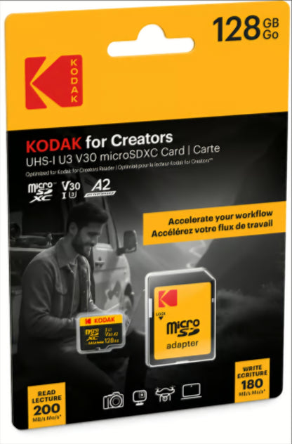 microSDXC Speicherkarte Kodak for Creators, 128GB, Klasse 10 / UHS-1 U3, mit Adapter EKMSDM128GXCU3CR