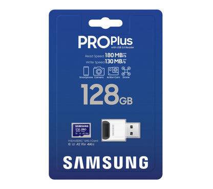Samsung PRO Plus microSDXC Speicherkarte, 128Gb, Klasse 10 / UHS-1 U3, mit Kartenleser MB-MD128SB/WW