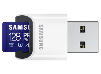 Samsung PRO Plus microSDXC Speicherkarte, 128Gb, Klasse 10 / UHS-1 U3, mit Kartenleser MB-MD128SB/WW