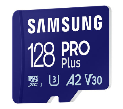 Samsung PRO Plus microSDXC Speicherkarte, 128Gb, Klasse 10 / UHS-1 U3, mit Kartenleser MB-MD128SB/WW