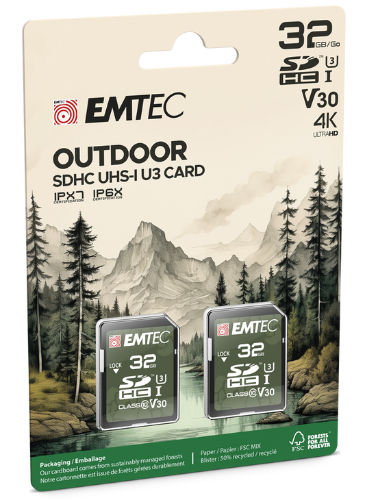SDHC-Speicherkarte Emtec Rugged Outdoor, 32Gb, Klasse 10 / UHS-1 U3, Set 2 Stück ECMSD32GHC10ORP2