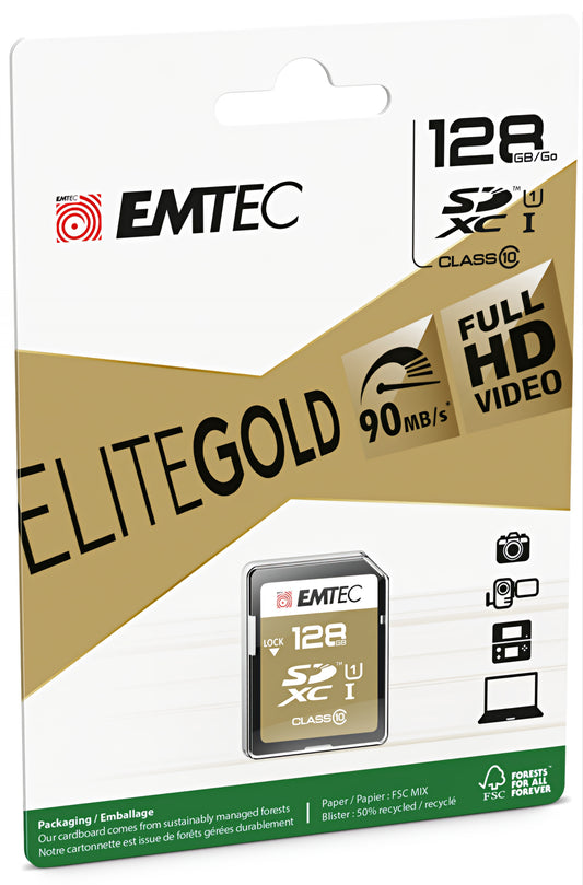 SDXC-Speicherkarte Emtec Elite Gold, 128Gb, Klasse 10 / UHS-1 U1 ECMSD128GXC10GP