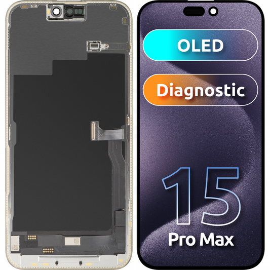 Display mit Touchscreen MP kompatibel mit Apple iPhone 15 Pro Max, mit Rahmen, OLED FHD Diagnostic-Version, Schwarz