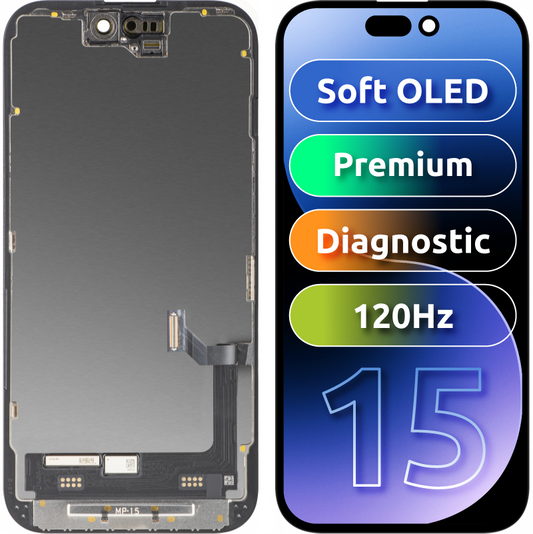 MP Touchscreen-Display kompatibel mit Apple iPhone 15, mit Rahmen, Premium Soft OLED FHD 120Hz Diagnostic Version, Schwarz