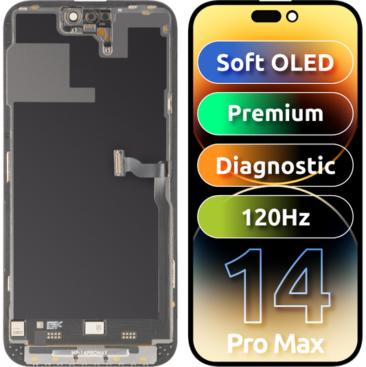 MP Touchscreen-Display kompatibel mit Apple iPhone 14 Pro Max, mit Rahmen, Premium Soft OLED FHD 120Hz Diagnostic Version, Schwarz