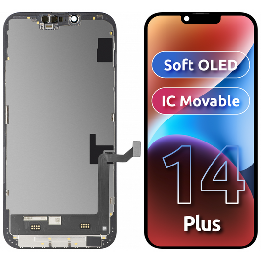 Display mit MP Touchscreen kompatibel mit Apple iPhone 14 Plus, mit Rahmen, Soft OLED FHD IC Movable Version, Schwarz