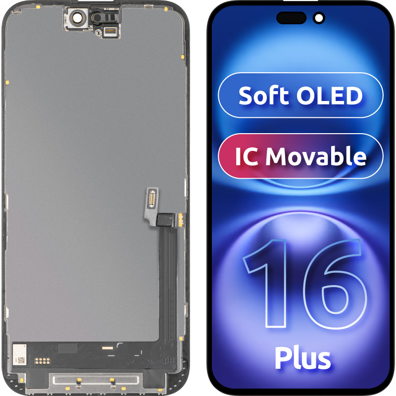 Display mit Touchscreen MP kompatibel mit Apple iPhone 16 Plus, mit Rahmen, Soft OLED IC Movable FHD Version, Schwarz