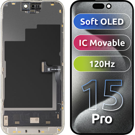 Display mit MP Touchscreen kompatibel mit Apple iPhone 15 Pro, mit Rahmen, Soft OLED IC Movable 120Hz FHD Version, Schwarz