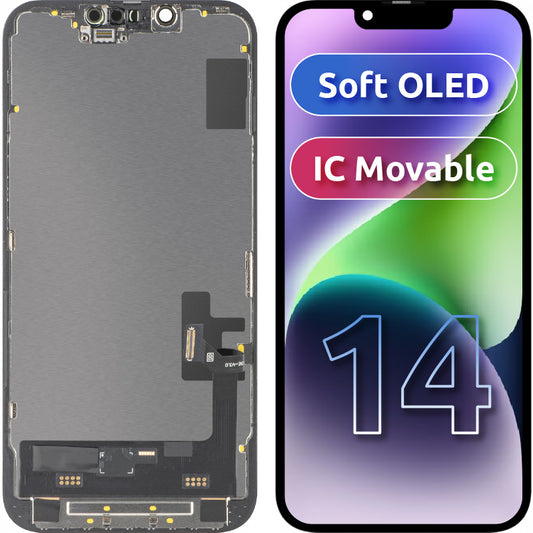 Display mit MP Touchscreen kompatibel mit Apple iPhone 14, mit Rahmen, Soft OLED IC Movable FHD Version, Schwarz