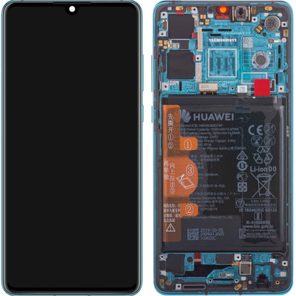 Display mit Touchscreen für Huawei P30, mit Rahmen und Akku, Blau (Aurora Blue), Service Pack 02354HRH