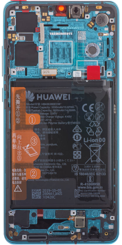 Display mit Touchscreen für Huawei P30, mit Rahmen und Akku, Blau (Aurora Blue), Service Pack 02354HRH