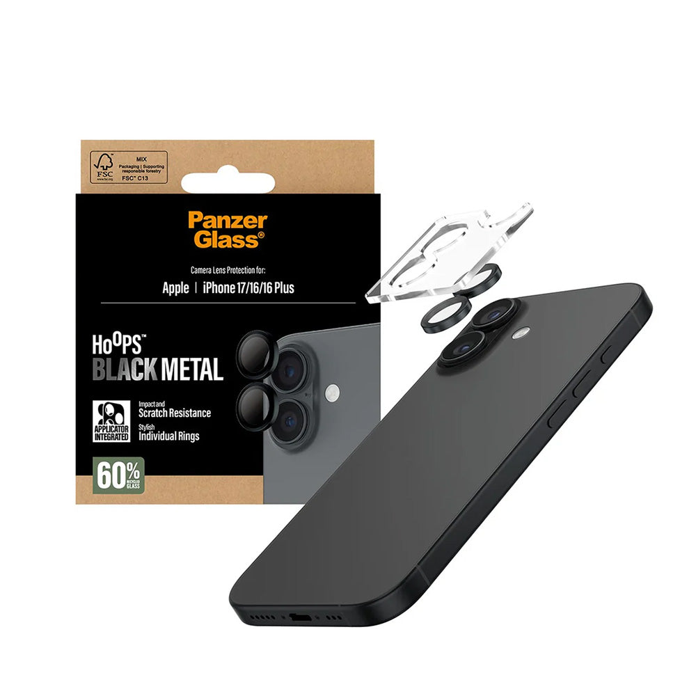 Schutzfolie PanzerGlass Hoops für die Rückkamera des Apple iPhone 17 / 16 Plus / 16, gehärtetes Glas, Schwarz