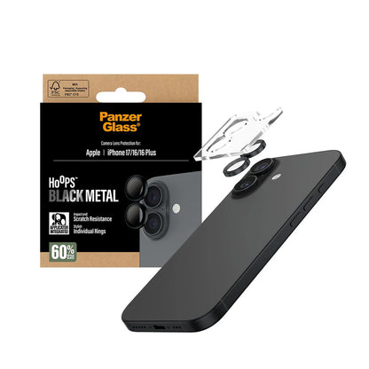 Schutzfolie PanzerGlass Hoops für die Rückkamera des Apple iPhone 17 / 16 Plus / 16, gehärtetes Glas, Schwarz