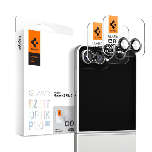 Schutzfolie für die Rückkamera Spigen GlastR EZ FIT Optik Pro HD für Samsung Galaxy Z Flip7 F766, gehärtetes Glas, Set mit 2 Stück, Schwarz AGL09587