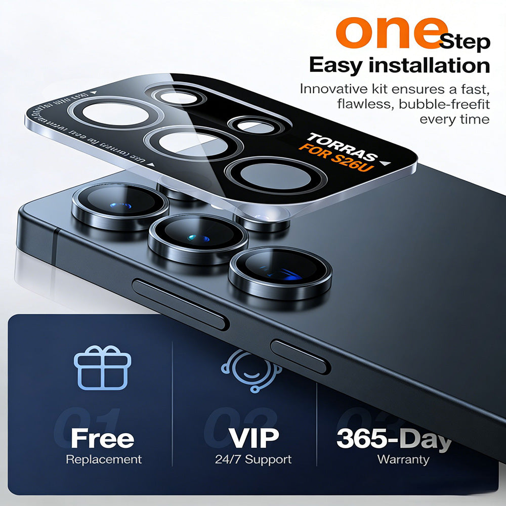 Schutzfolie Torras Lensguard für die Rückkamera des Samsung Galaxy S26 Ultra, gehärtetes Glas, Schwarz