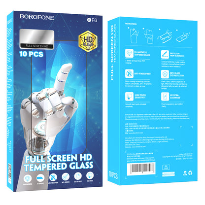 Schutzfolie Borofone BF6 Diamond Armor für Apple iPhone 17e / 16e / 14 / 13 Pro, gehärtetes Glas, Vollkleber, Set 10 Stück, Schwarz