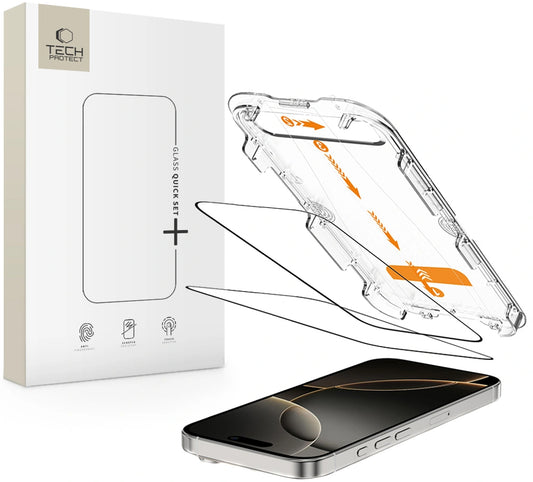 Schutzfolie Tech-Protect Quick Set+ für Apple iPhone 16 Pro, Gehärtetes Glas, Vollkleber, Set mit 2 Stück, Schwarz