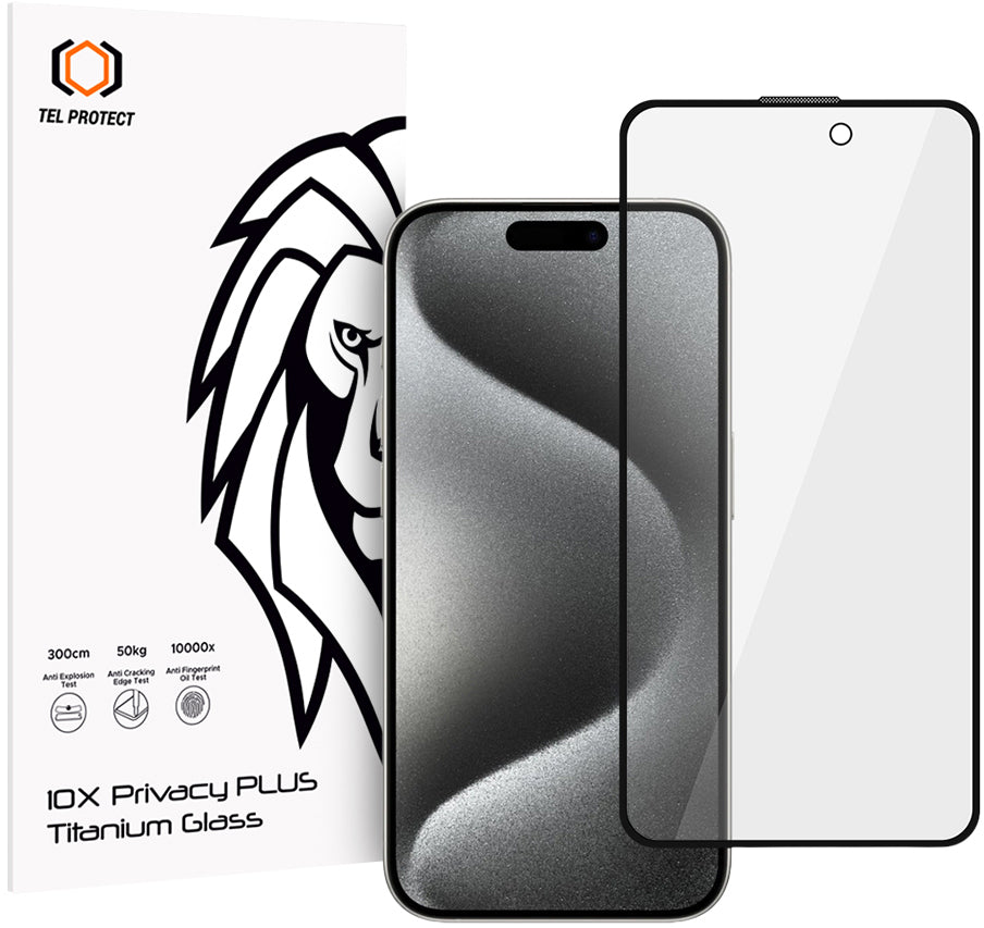 Tel Protect 10X Plus Titanium Privacy-Displayschutzfolie für Apple iPhone 17 / 16 Pro, gehärtetes Glas, Full Glue