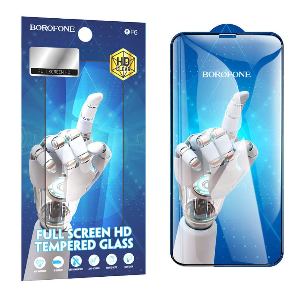 Schutzfolie Borofone BF6 Diamond Armor für Apple iPhone 17e / 16e / 14 / 13 Pro, gehärtetes Glas, Vollkleber, Set 10 Stück, Schwarz