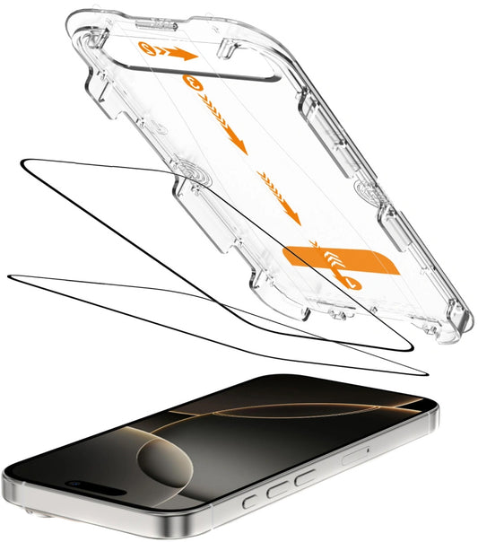 Schutzfolie Tech-Protect Quick Set+ für Apple iPhone 16 Pro, Gehärtetes Glas, Vollkleber, Set mit 2 Stück, Schwarz