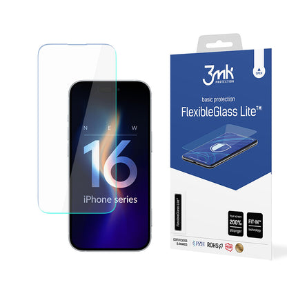 3MK FlexibleGlass Lite Screen Protector for Apple iPhone 16, Flexible Glass, Full Glue