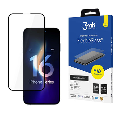3MK FlexibleGlass Max Screen Protector for Apple iPhone 16 Pro, Flexible Glass, Full Glue, Black