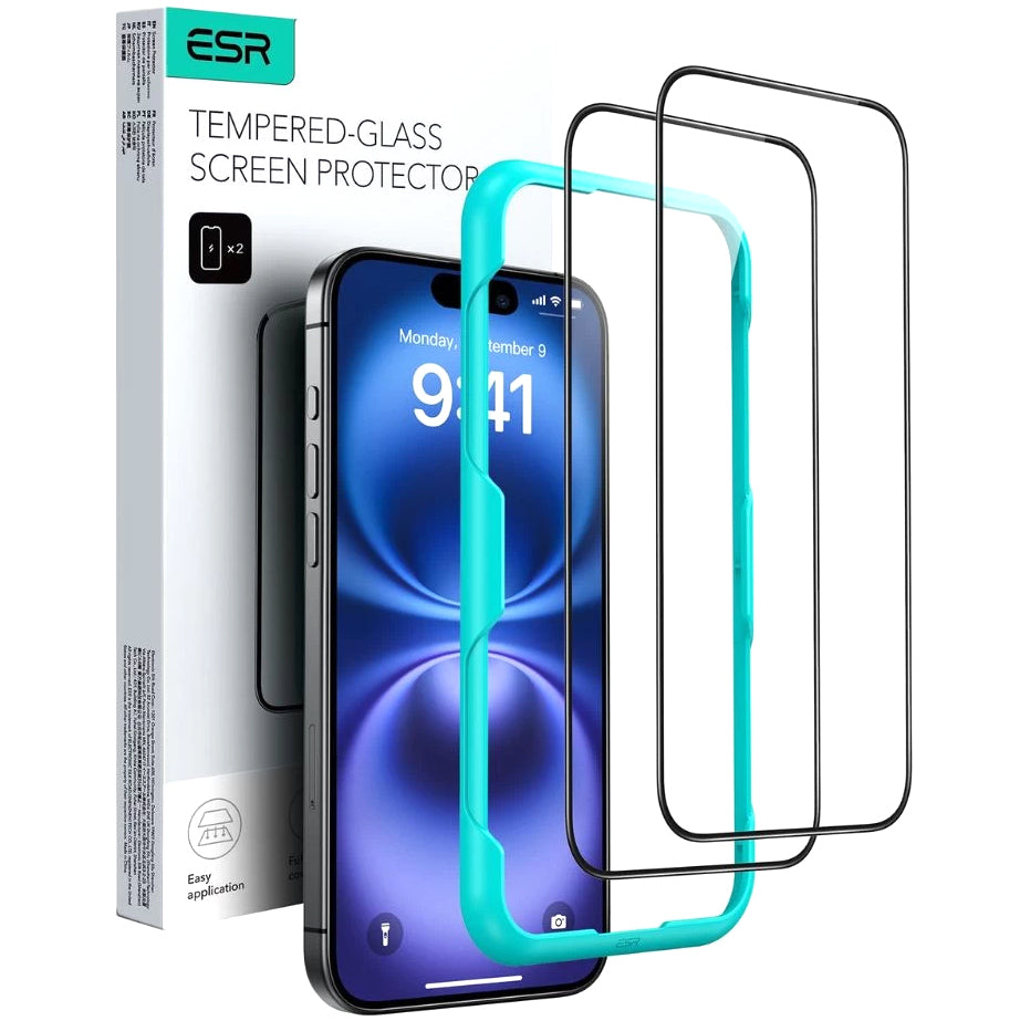 Schutzfolie ESR für Apple iPhone 16 Pro Max, gehärtetes Glas, Full Glue, Set mit 2 Stück, Schwarz