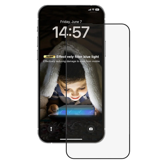 Anti Blue Light Schutzfolie Anank für Apple iPhone 14 Pro Max, gehärtetes Glas, Full Glue, 2.5D, Schwarz