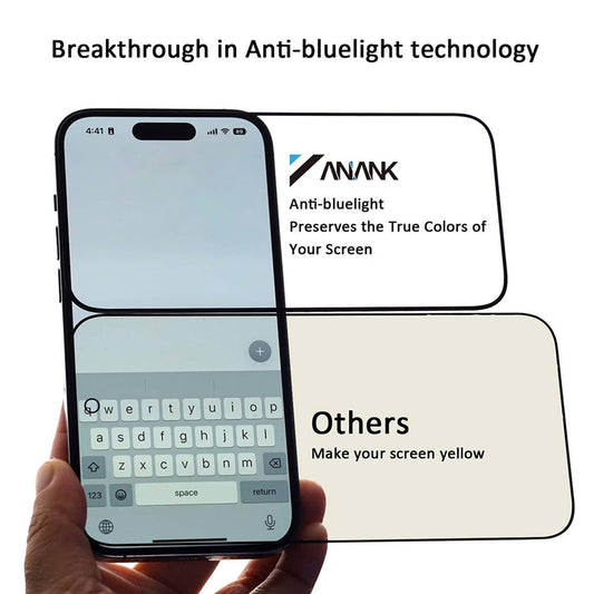 Anti Blue Light Schutzfolie Anank für Apple iPhone 15, gehärtetes Glas, Full Glue, 2.5D, Schwarz