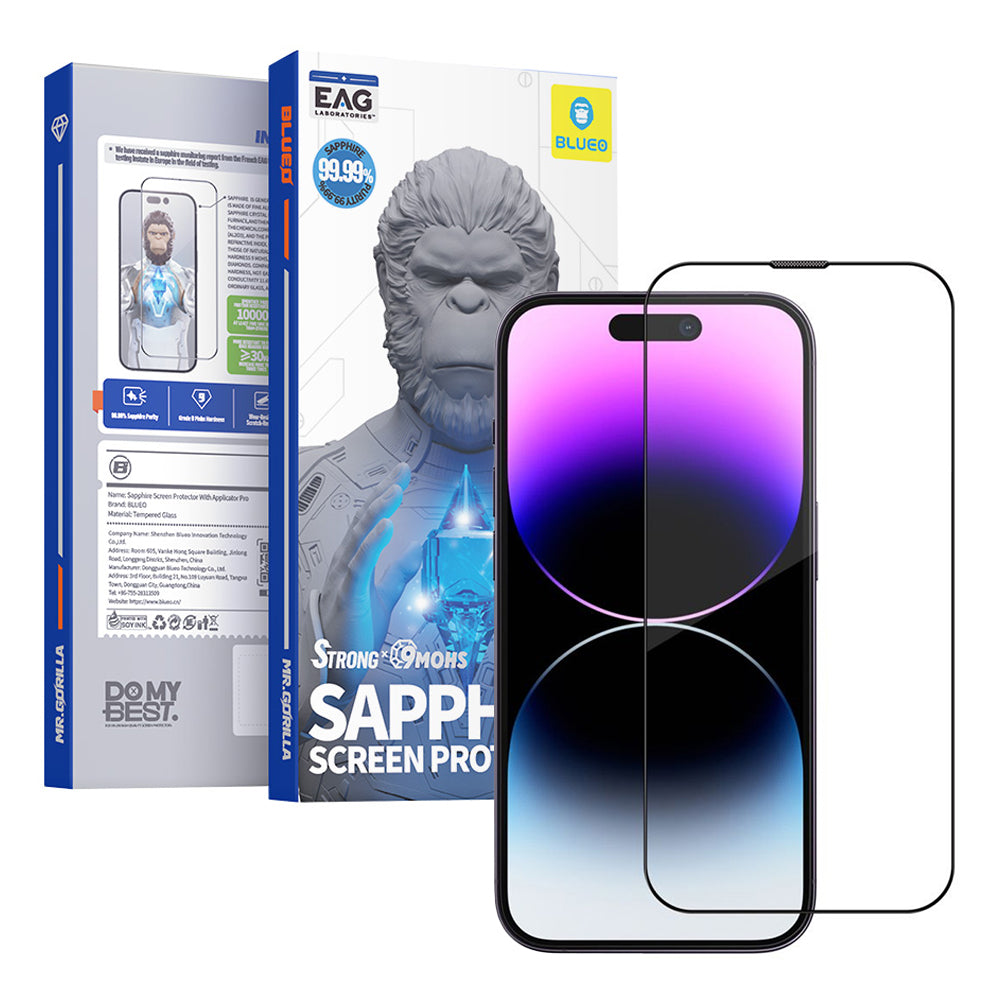 Blueo Sapphire Applicator Pro Displayschutzfolie für Apple iPhone 15 Pro Max, gehärtetes Glas, Full Glue, Schwarz