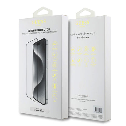 Schutzfolie Guess Classic Outline für Apple iPhone 16 Pro Max, Gehärtetes Glas, Full Glue, 2.5D, Schwarz GUTGP16XBOKGCIT