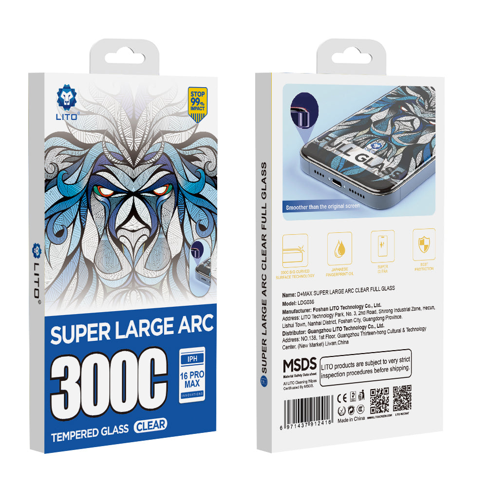 Lito D+ Max 300C Screen Protector for Apple iPhone 16 Pro, Tempered Glass, Full Glue