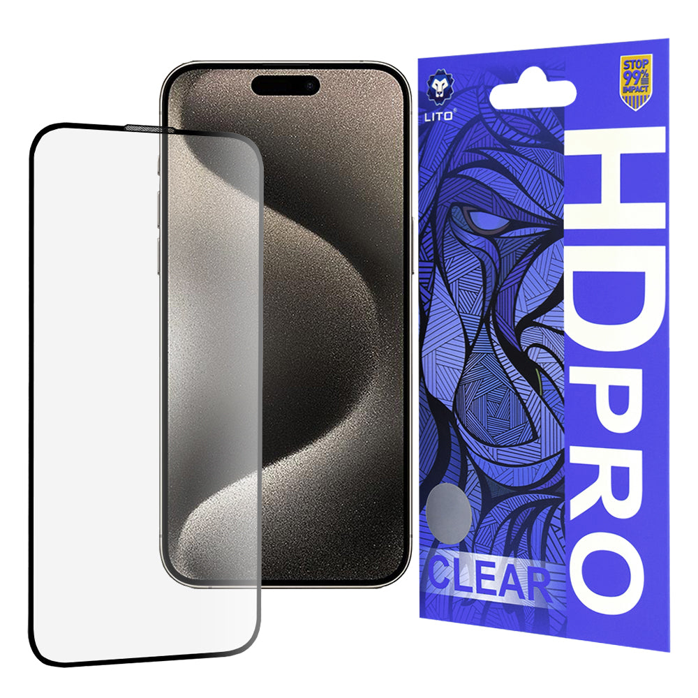 Lito HD Pro Clear Displayschutzfolie für Apple iPhone 15 Pro Max, gehärtetes Glas, Full Glue, schwarz