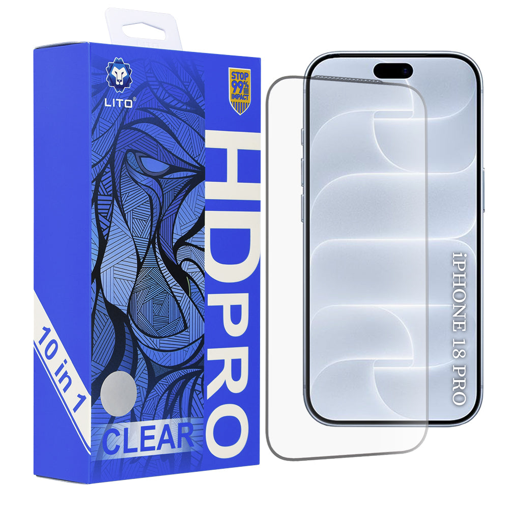 Lito HD Pro Screen Protector for Apple iPhone 18 Pro / 17 Pro, Tempered Glass, Full Glue, Set of 10, Black
