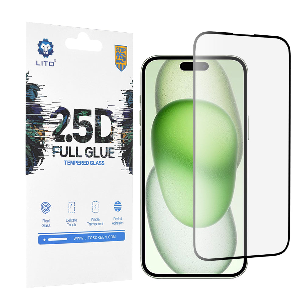Lito Displayschutzfolie für Apple iPhone 15 Plus, gehärtetes Glas, Full Glue, 2.5D, Schwarz