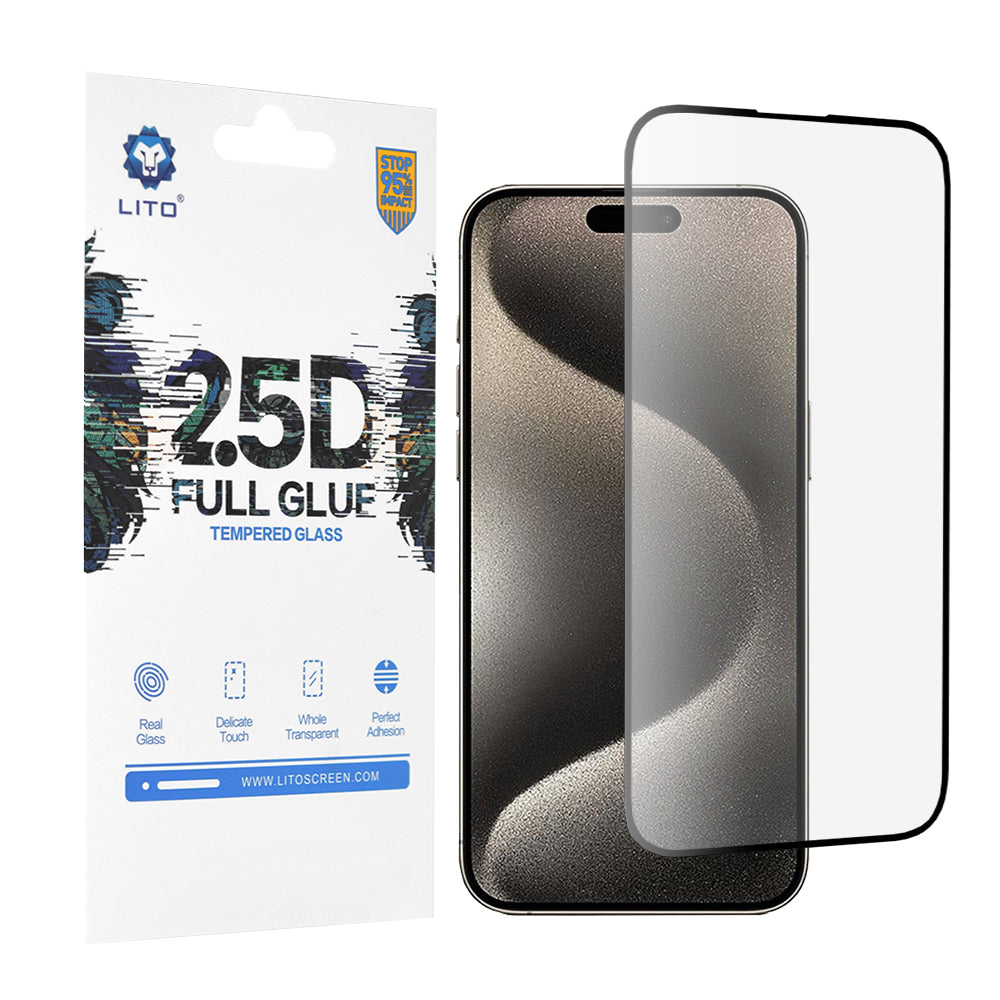 Lito Displayschutzfolie für Apple iPhone 15 Pro Max, gehärtetes Glas, Full Glue, 2.5D, Schwarz