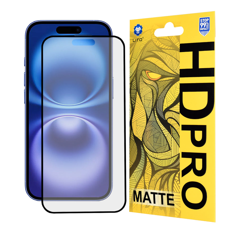 Mattierter Displayschutzfolie Lito HD Pro für Apple iPhone 16, gehärtetes Glas, Vollkleber, Schwarz