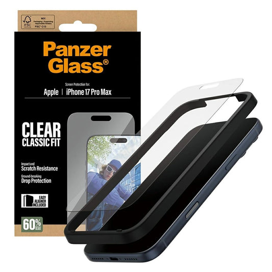 Schutzfolie PanzerGlass Classic Fit EasyAligner für Apple iPhone 17 Pro Max, gehärtetes Glas, Vollverklebung