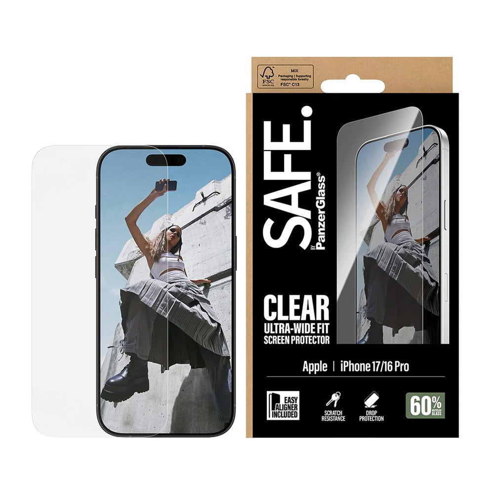 Schutzfolie PanzerGlass Safe Bildschirm. Ultra-Wide Fit EasyAligner für Apple iPhone 17 / 16 Pro, gehärtetes Glas, Full Glue.