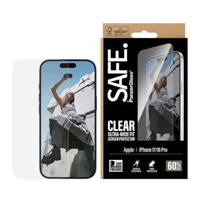 Schutzfolie PanzerGlass Safe Bildschirm. Ultra-Wide Fit EasyAligner für Apple iPhone 17 / 16 Pro, gehärtetes Glas, Full Glue.