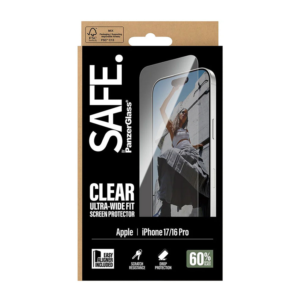 Schutzfolie PanzerGlass Safe Bildschirm. Ultra-Wide Fit EasyAligner für Apple iPhone 17 / 16 Pro, gehärtetes Glas, Full Glue.