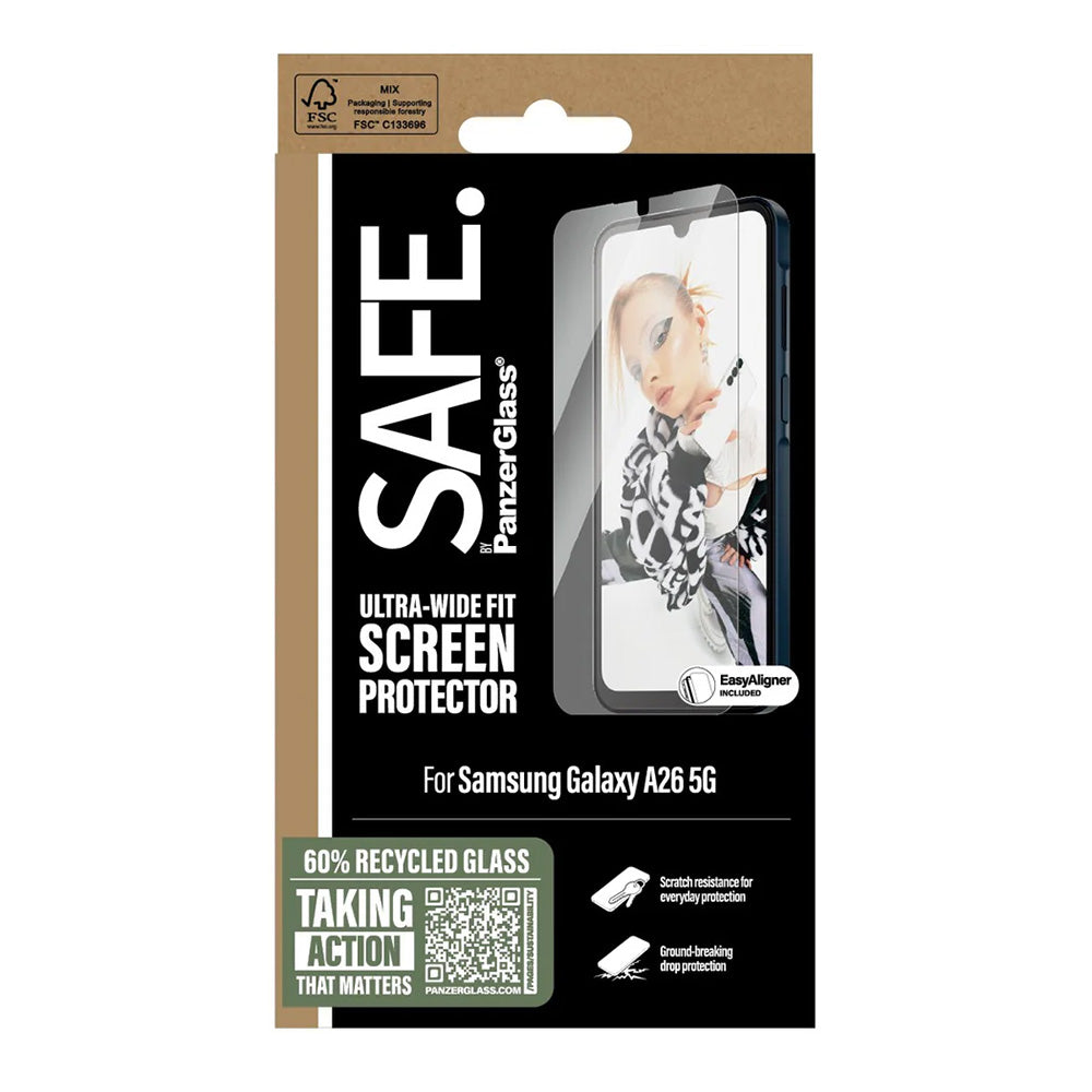 Schutzfolie PanzerGlass Safe Bildschirm. Ultra-Wide Fit EasyAligner für Samsung Galaxy A26 A266, gehärtetes Glas, Full Glue.