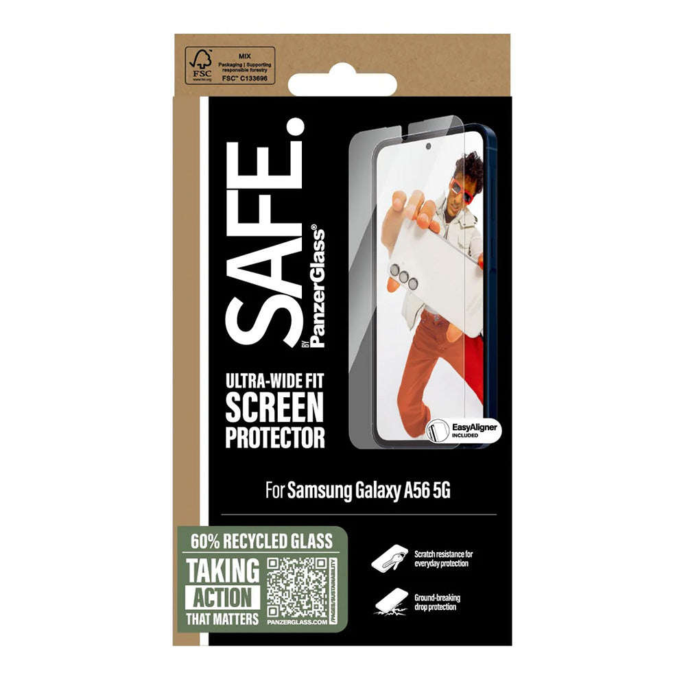 Schutzfolie PanzerGlass Safe für Bildschirm. Ultra-Wide Fit EasyAligner für Samsung Galaxy A56 A566, gehärtetes Glas, Vollverklebung.