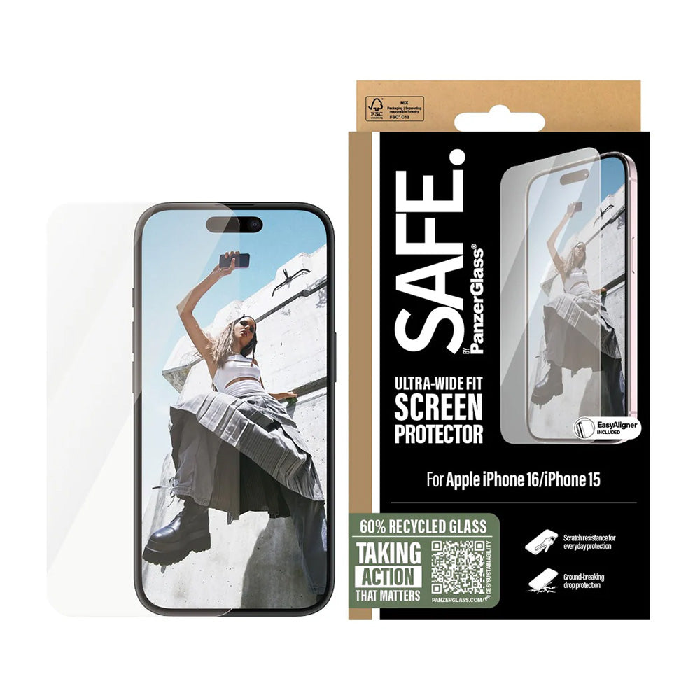 Schutzfolie PanzerGlass Safe Bildschirm. Ultra-Wide Fit für Apple iPhone 16 / 15, gehärtetes Glas, Full Glue.