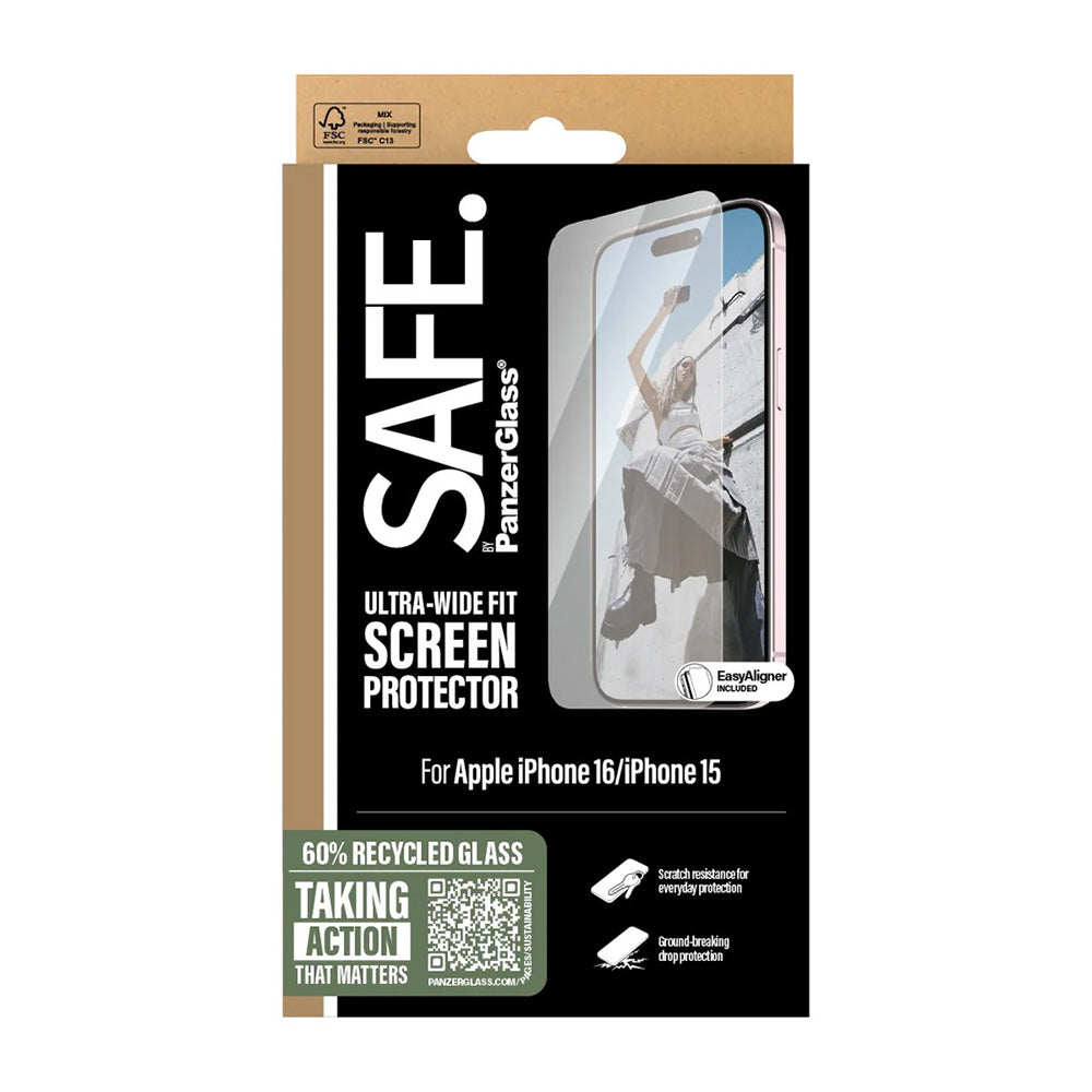 Schutzfolie PanzerGlass Safe Bildschirm. Ultra-Wide Fit für Apple iPhone 16 / 15, gehärtetes Glas, Full Glue.