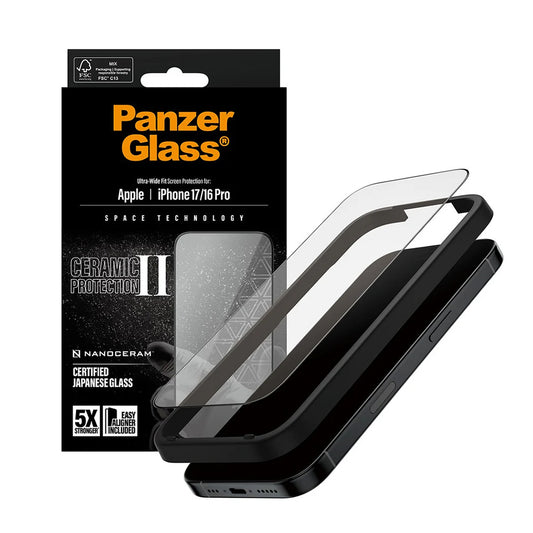 Schutzfolie PanzerGlass Ultra-Wide Ceramic II EasyAligner für Apple iPhone 17 / 16 Pro, gehärtetes Glas, Vollkleber, Schwarz