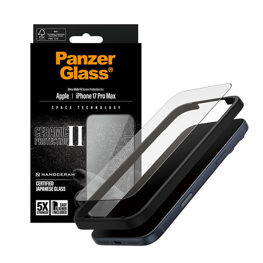 Schutzfolie PanzerGlass Ultra-Wide Ceramic II EasyAligner für Apple iPhone 17 Pro Max, gehärtetes Glas, Full Glue, Schwarz.