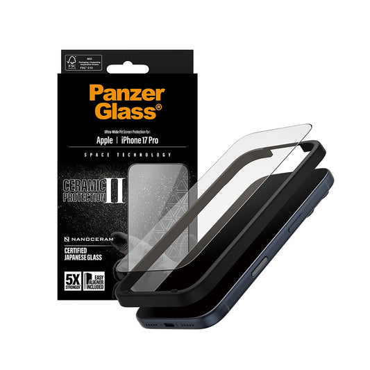 Schutzfolie PanzerGlass Ultra-Wide Ceramic II EasyAligner für Apple iPhone 17 Pro, gehärtetes Glas, Full Glue, Schwarz